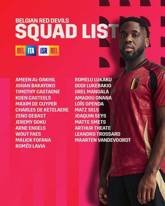 比利时公布11月大名单：卢卡库回归，特罗萨尔在列